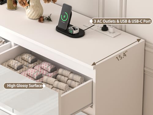 Image of JassmiPkwy 71.65 INCH 12 Drawers Dresser with Power Outlet, Wide High Gloss Chest of Drawers Large, Modern Storage Drawer Dresser for Bedroom, White