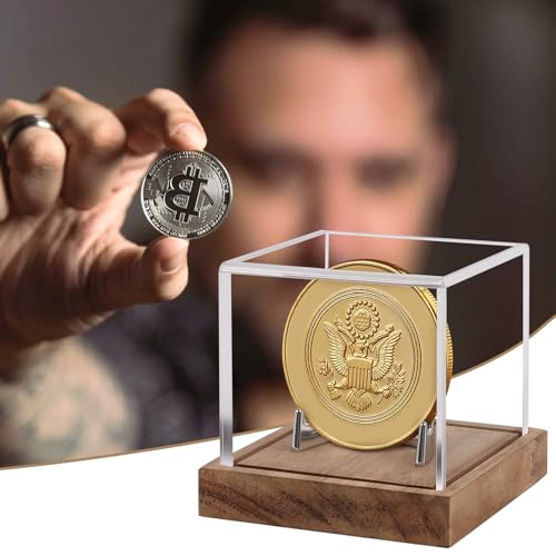 Image of Hooqict Coin Display Case Clear Acrylic Military Challenge Coin Case Display Box UV Protected with Wood Base & Alloy Holder Single Stand for Collectors Medal Poker Chip Collectibles