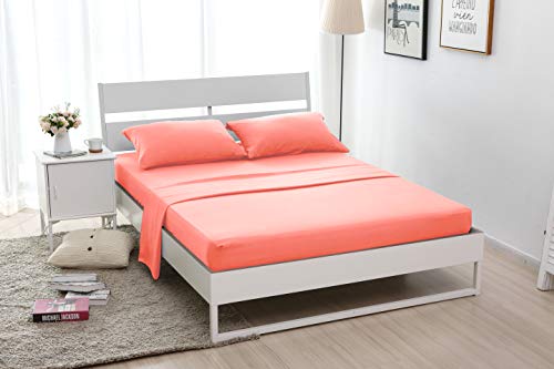 ALPHA HOME 4-Piece Bed Sheet Set - Soft Brushed Microfiber - Wrinkle, Fade, Stain Resistant - Queen, Coral