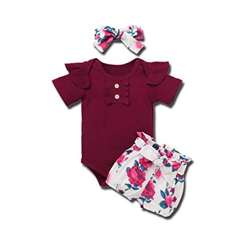 Baby Girl 0-6months Clothes Summer, Newborn Cute Outfit Girl Buttoned Romper+Floral Short Pants+Bow Headband (Ribbed Outfits-Red, 0-6 Months) Cover