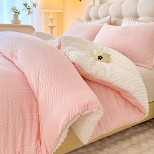 Image of tohrisa Boho Comforter Set Queen Size Striped Pleats Bohemian Seersucker Bedding Set All Season Soft Cozy 3 Pieces Quilt with 2 Pillowcases(90 inchX90 inch Blush Pink)