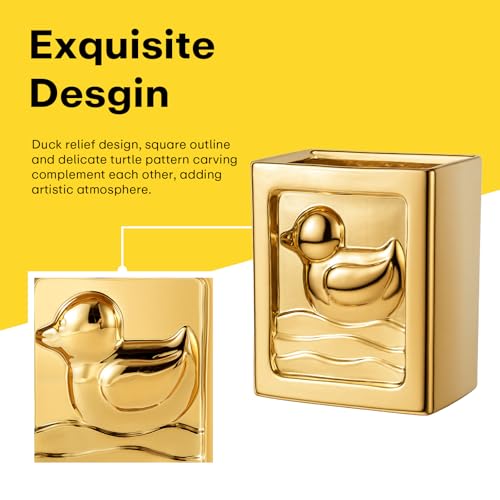 Image of Gold Trash Can - 7L /1.85Gallon Ceramic Waste Basket, Decorative Duck Small Garbage Can for Kitchen, Bathroom, Bedroom, Office, Multi-Purpose Storage Bin