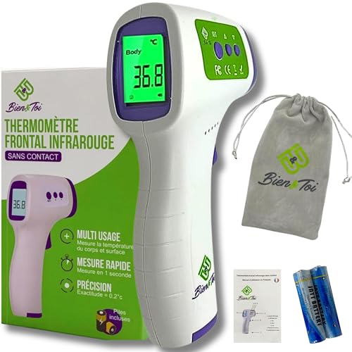 thermometre frontal adulte/bebe/enfant, mode corps et objet, thermomètre sans contact infrarouge médical, mesures rapides alerte fièvre et fonction mémoire, sac de transport/notice en Français