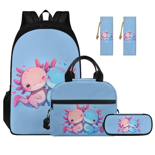 Cute Axolotl Backpack for Girls Boys Backpack with Lunch Box Large Pencil Pouch and Leather Bookmark 4 Pcs Set 17