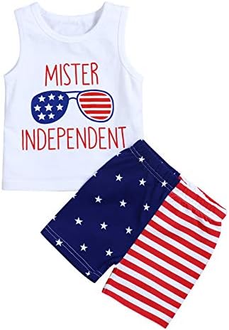 Ruptop 4th of July Shirts for Boys Baby Boys Summer Outfits Sleeveless T-Shirt Top with American Flag Short Pants Patriotic Shirt Independence Day Set (18-24M/100)