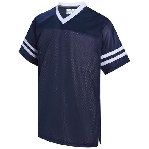 Gabiphy Classic Football Jerseys for Men Unisex Casual V-Neck T-Shirt Athletic Sports Game Apparel Dry-Fit Tops Running Hiking Navy Blue Jersey-White Stripe Men Size XX-Large