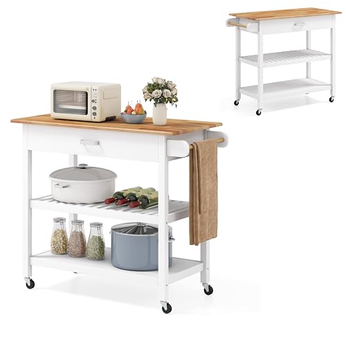 KOMFOTTEU Carro de Cocina con 4 Ruedas, Carrito de Servicio con Encimera, Cajón, 2 Estantes Abiertos, Isla de Cocina con Toallero Lateral, Carrito de Auxiliar para Comedor, 106 x 50 x 89 cm