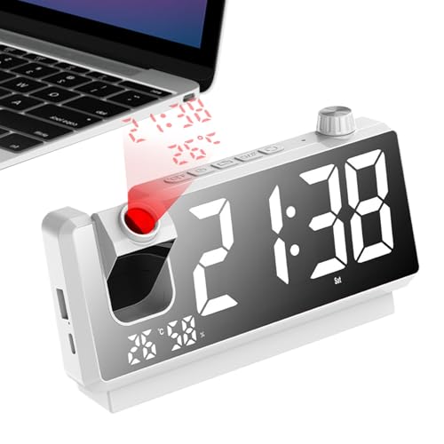 Proyector digital de reloj para el hogar – Reloj despertador LED giratorio de 180 grados, pantalla de techo ajustable, sensor de temperatura interior, reloj de proyección moderno para dormitorio