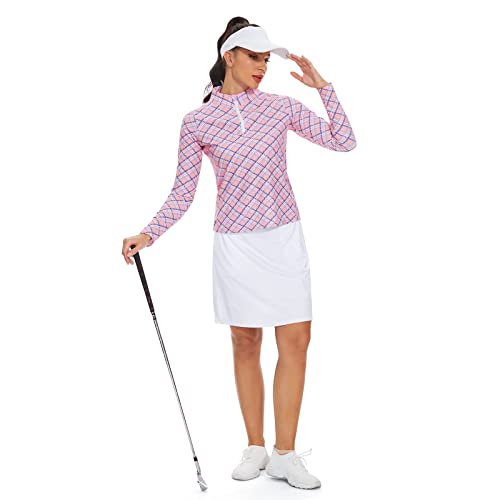 M Moteepi Long Sleeve Athletic Workout Shirts Women Golf Polo Quarter Zip Pullover With Pocket Pink Plaid Large #TOP4