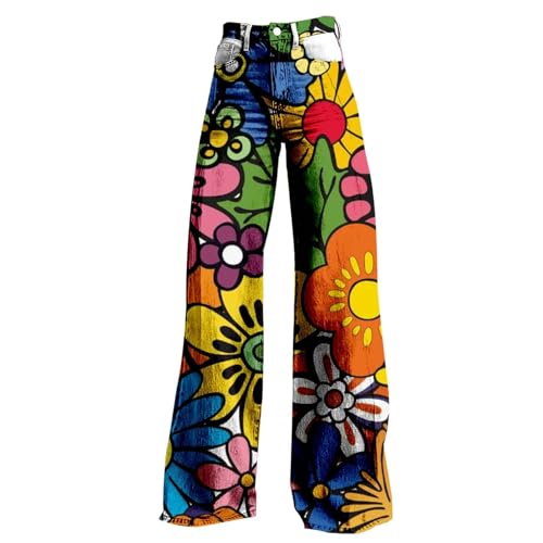 Flare Wide Leg Jeans for Women 2025 Floral Print Baggy Pant Vintage High Waisted Straight Stretch Pants with Pockets3