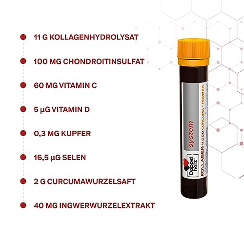 Doppelherz system KOLLAGEN 11.000 CURCUMA + INGWER – Vitamin C trägt zur normalen Kollagenbildung für eine normale Funktion von Knorpeln und Knochen bei – 2 x 30 Trinkfläschchen