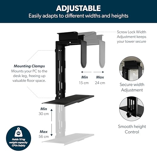 Image of Under Desk CPU Holder Mount, Heavy-Duty Steel Frame, 10kg Capacity, Adjustable Computer Tower Stand with Anti-Slip Pad, Tool-Free Installation, Black