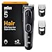 Braun Haarschneider Series 5, Haarschneidemaschine und Rasierapparat für Herren, Haartrimmer mit Ultrascharfe Klingen, 17 Längen, 3 Zubehörteile, 50 Min. Akku, Abwaschbar, HC5530, Schwarz