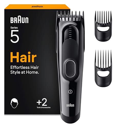 Braun Tondeuse Electrique A Cheveux Series 5 HC5530, Noir, Lavable et Sans Fil, Coffret Avec 3 Sabots et 17 Longueurs Pour Tondre Ou Couper, Lames Affutées,...