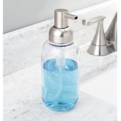 mDesign Round Plastic Refillable Liquid Soap Dispenser Pump Bottle for Bathroom Vanity Countertop, Kitchen Sink - Holds Hand Soap, Dish Soap, Hand Sanitizer, Essential Oils - 2 Pack - Clear/Brushed