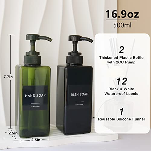 Image of Amber Soap Dispenser with Waterproof Labels, 16 oz Dish Soap Dispenser for Kitchen, Thickened Plastic Hand Soap Dispenser for Bathroom, Shampoo and Conditioner Pump Bottles with Silicon Funnel, 2 Pack