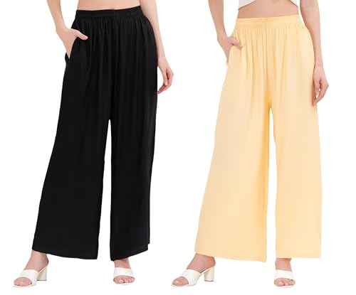 Image of Buy That Trendz Palazzo Pants for Women Cotton Rayon Elasticated Regular Fit Flared Wide Leg M to 6XL Pack of 2