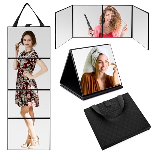 Burbell 3 Way Foldable Full Length Mirror with Handle Leather 31.89 x 11.22 Inches Portable Hanging Travel Mirror Rectangular for Makeup Dance Home Fitness Spa Hair Styling(Black)