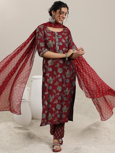 Image of Libas Womens Printed Silk Blend Straight Kurta With Trousers and Dupatta | daily wear suit