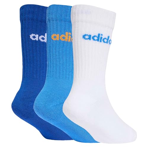 adidas Unisex Kids LINEAR KIDS CREW 3 PAIRS PER PACK SOCKS, white/ray blue/team royal blue, 3-4 Years