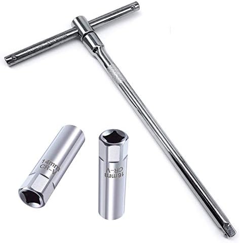 OSOF 14mm & 16mm Spark Plug Socket Thin Wall 12-Point Removal Tool 3/8 inch Square Drive Set + 3/8-Inch Drive Sliding T bar Torque Spanner Extension Kit 10inch/25cm