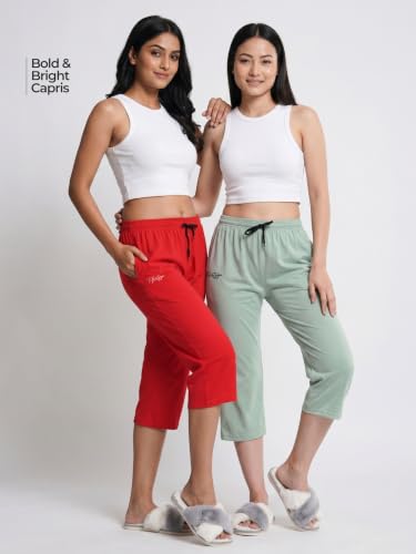 Image of Fflirtygo Women's Cotton Plain Calf Length Capri | Nightwear Short Pyjama | 3 /4th Solid Pyjama Pant | Regular Fit Casual & Lounge Wear Capri Combo (Pack of 2)