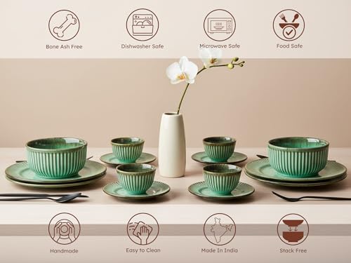 Image of Bodhi House Premium 20-Piece Stoneware Dinner Set Serving for 6 - Handcrafted Ceramic Plates, Bowls & Serving Bowls | Microwave & Dishwasher Safe | Elegant Modern Tableware Crockery Turquoise Green