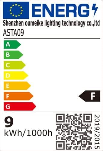 EU Energy Label for the MEIKEE solar spotlight, showing energy efficiency class F and 9 kWh/1000h consumption.