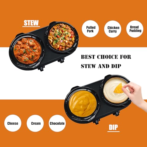 Double Slow Cooker, Buffet Servers and Warmers, Dual 2 Pot Slow Cooker Food Warmer, Adjustable Temp Dishwasher Safe Removable Ceramic Pot Glass Lid, 2 x 1.25 QT Portable Small Crock Cooker by HEYNEMO - Image 3