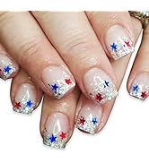 4th of July Press on Nails Short Fake Nails Square Independence Nails Press ons Silver Glitter Re...