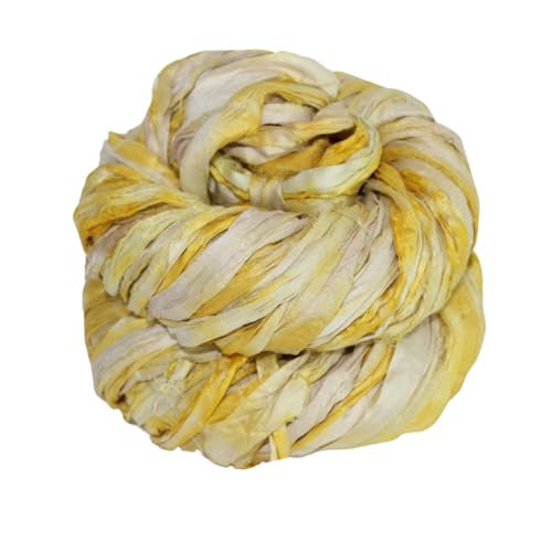 Knitsilk Recycled Shibori Sari Silk Ribbon Yarn- Great for Rug Making, Crochet, Knitting, Embroidery, and Jewelry Making |Sustainable and Unique Texture Ribbon Yarn | 50 GMS-30 Yards-Yellow |