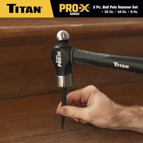 Titan Pro-X 63706 3-Piece Ball Pein Hammer Set, Includes 8oz, 16oz & 32oz Ball Peen, Overstrike Protection, Forged Steel Heads, Shock Absorbing Fiberglass Handles & Textured Grips