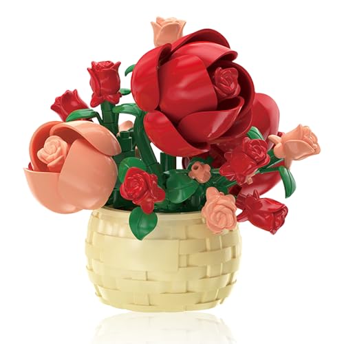 Vilbocr Mini Blumen Bauklotz Set,Blumenblöcke Spielzeug,Pflanzen und Sukkulenten Spielzeug,Bauklotz Blumentopf,Botanische Sammlung Geburtstagsgeschenk (Rose 128Pcs)
