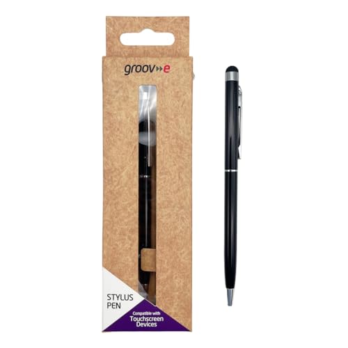 Groov-e Stylus Pen - 2 in 1 Black Ballpoint Pen with Silicone TouchScreen Compatible Fine Point Pencil Tip for Mobile Phones, Tablets & E-Reader Devices - Compatible with iPad, Fire, Lenovo, Samsung