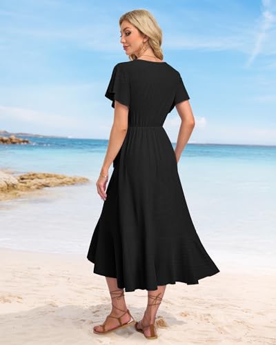 Image of AUSELILY Women Summer Midi Dresses Wrap Short Flutter Sleeve Elegant Dress | High Slit,High-waisted,Ruffled Hem,V-Neck,Fixed-strap Design,Skin-Friendly,Breathability,Wedding Guest Dresses