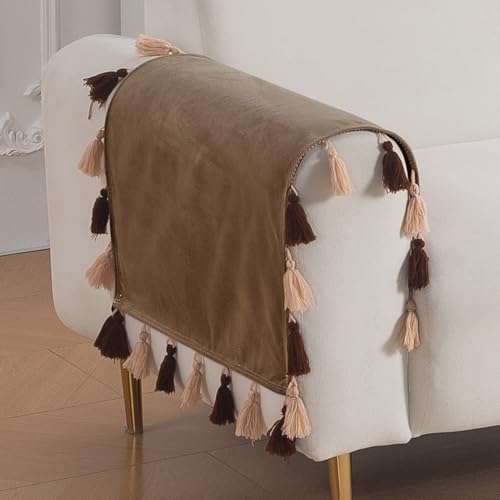 Image of HOKIPO Premium Holland Velvet Armrest Covers with Tassel for Sofa - 'TasselTone Series' (2 Pcs), Warm Taupe (IN-1102-BRN*2SM)
