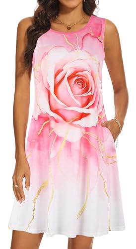 Image of Summer Dresses for Women 2026 Casual Sundresses Beach Cover Ups Sleeveless Tshirt Swing Dress with Pockets