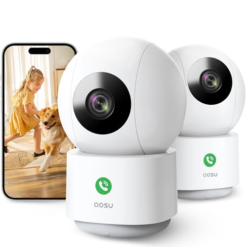 AOSU 2 Pack Indoor Camera with Motion Tracking, Security Camera Indoor Work with 5G/2.4G WiFi, Baby Monitor Supports 360° Pan-Tilt Scenes Preset, One-Touch Calling, Dome Camera Compatible with Alexa
