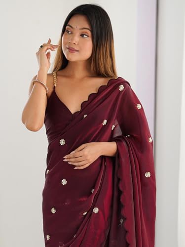Image of AKHILAM Women's Satin Silk Sequence Embroidery Saree With Unstitched Blouse Piece