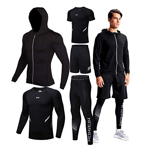 [BOOMCOOL] トレーニングウェア メンズ コンプレッション スポーツウェア スポーツウェア メンズ 5点セット通気防臭 パーカー 長袖シャツ 半袖 タイツ のあるスポーツランニングスーツタイツ耐摩耗性コンプレッションスポーツウェア吸汗速乾