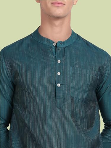 Image of KRYPTIC Men's Full Sleeve Regular Fit Short Kurta in Premium Pure Cotton with Patch Pocket and Mandarin Collar - Perfect Blend of Style and Comfort