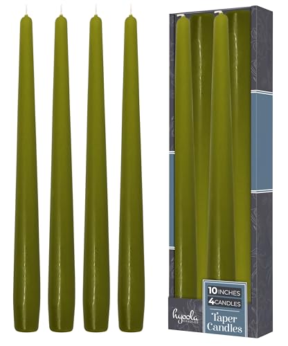 Hyoola Tall Taper Candles - 10 Inch Olive Green Unscented Dripless Taper Candles - 8 Hour Burn Time - 4 Pack