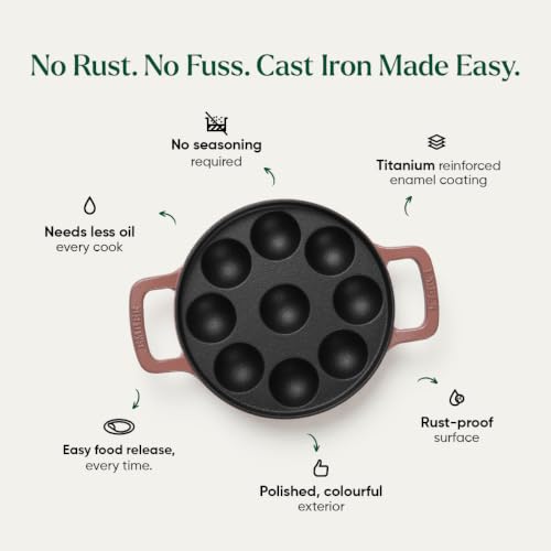 Image of Ember Pre-Seasoned Cast Iron Appe Pan 20 cm with Glass Lid | 9 Cavities | Ready to Cook Paniyaram Pan | Low-Oil Paddu Maker | Terracotta