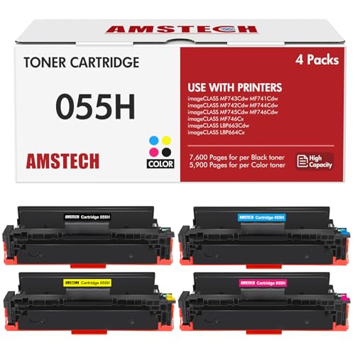 Amstech 055H Compatible Toner Cartridge for Canon 055H 055 High imageCLASS MF744Cdw MF741Cdw MF743Cdw MF745Cdw MF746Cx MF742Cdw LBP663Cdw LBP664Cx MF746Cdw MF740C LBP660C Black Cyan Yellow Magenta