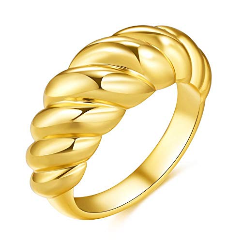 18k Gold Plated Chunky Croissant Dome Ring Braided Twisted Rope Signet Ring Minimalist Statement Stacking Band Rings for Women Girls -Size 5