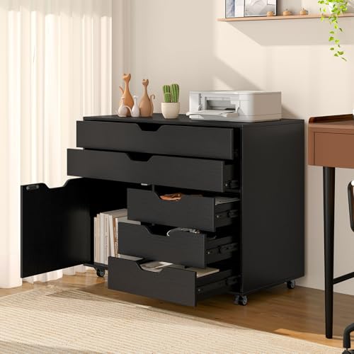 Giantex File Cabinet, Rolling Lateral Filing Cabinet with Wheels, 5 Drawers, Load 220 Lbs, Office Craft Storage Organization, Mobile Storage Organizer, Printer Stand for Home Office (Black) - Thumbnail 2