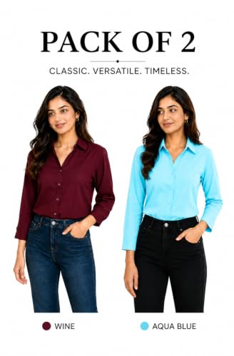 Image of FUNDAY FASHION Women Solid Regular Fit V Collered Casual Shirt (Pack of 2)