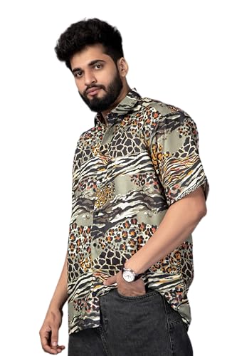 Image of Half Sleeve Relaxed Fit Men's Casual Shirt | Cotton Blend Oversized Shirts for Men Loose fit | Oversized Printed Shirts for Men | Men's Half Sleeve Relaxed Fit Shirt Fashion