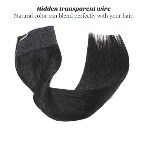 Extensiones de cabello humano negro azabache liso de una pieza con clip e hilo invisible 2