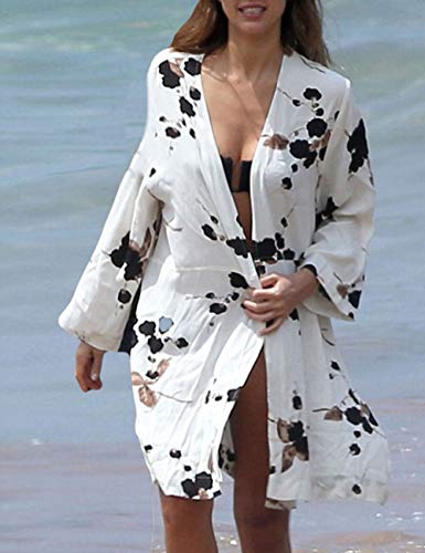 Bsubseach Women Black White Floral Print Rayon Beachwear Cover Up for Swimwear Loose Long Sleeve Beach Kimono Cardigan